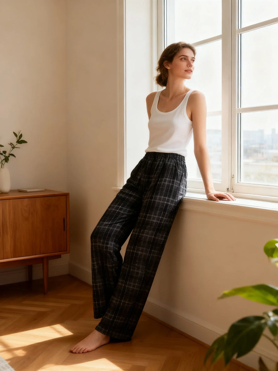 Geruite loungewearbroek voor dames met wijde pijpen in zwart-wit