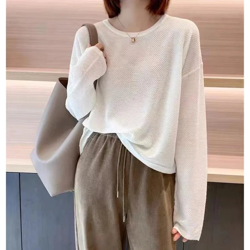 Damesshirt met lange mouwen, ronde hals, structuurpatroon, losse pasvorm