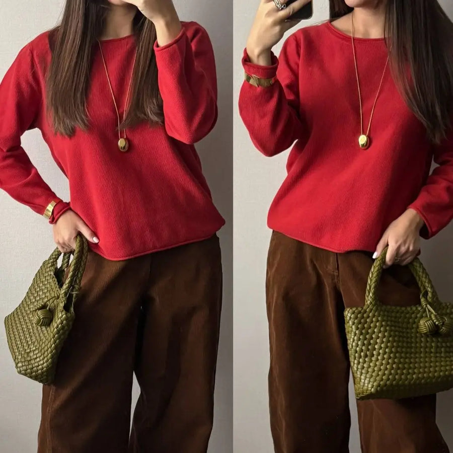 Dames trui met ronde hals, lange mouwen en gebreide look