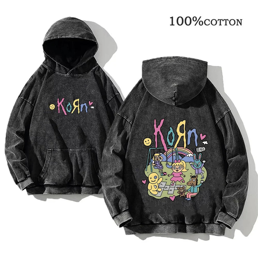 Korn Band Hoodie Unisex Washed Schwarz Kapuzenpullover Oversize