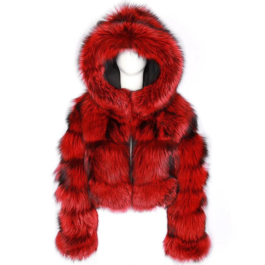 Kurze Damen Kunstfelljacke mit Kapuze, gestreiftes Design