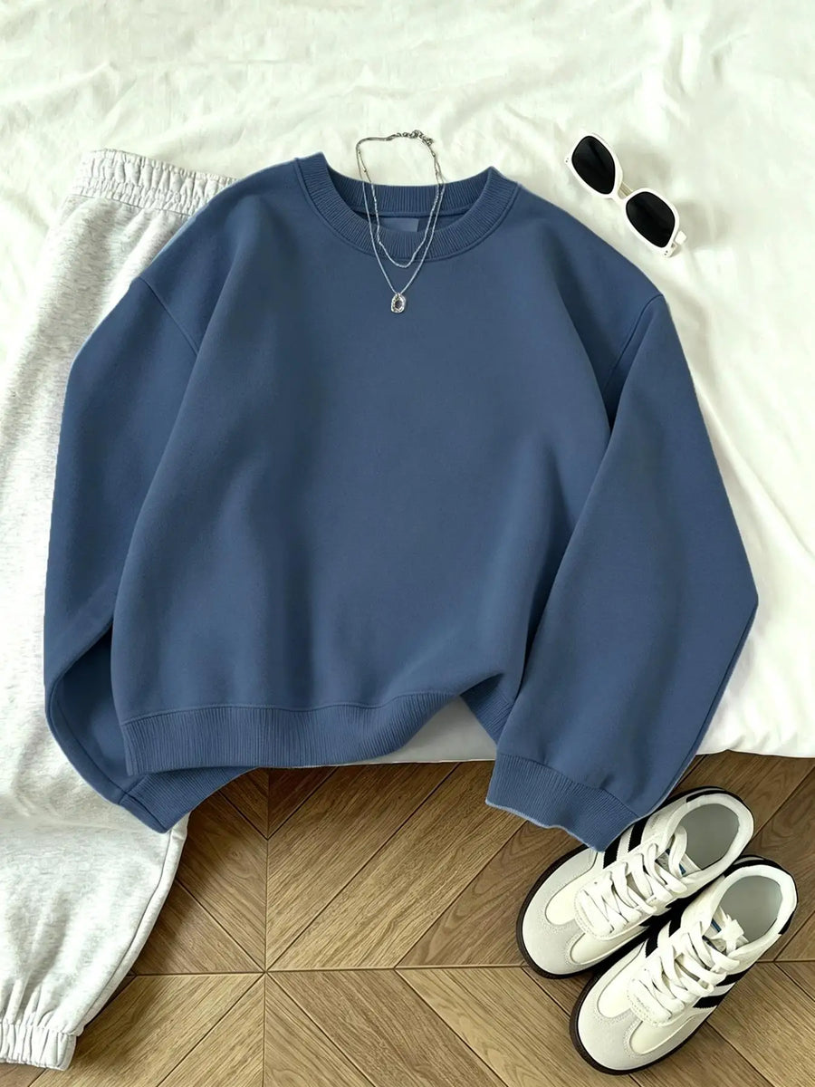 Unisex sweatshirt met lange mouwen, ronde hals, effen kleur, losse pasvorm