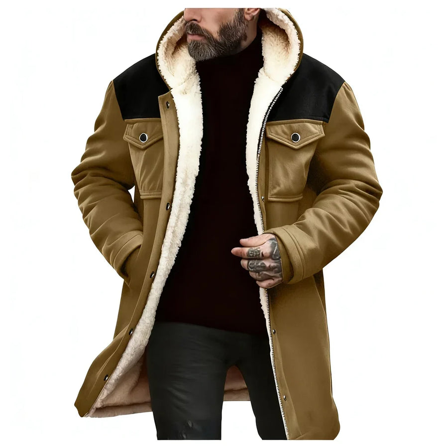 Herren Winterparka mit Kapuze und Teddyfutter, lange Übergangsjacke mit Knopfleiste