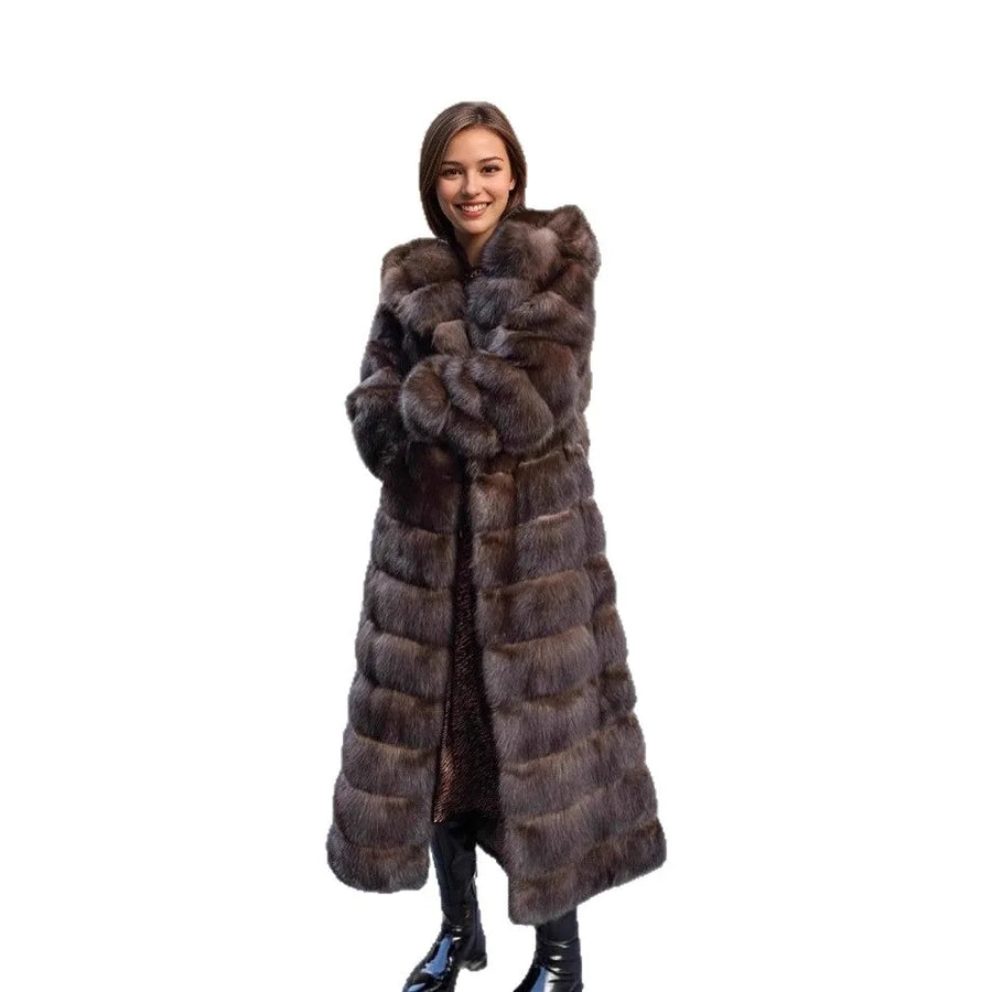Damen Langer Pelzmantel mit Kapuze Braun Winter