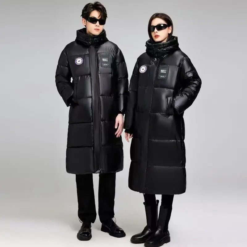 Unisex Langer Steppmantel Schwarz mit Kapuze Glänzende Optik