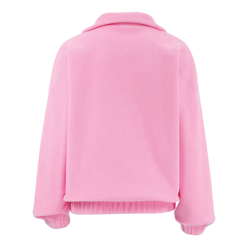 Roze fleece trui voor dames met opstaande kraag en ritssluiting