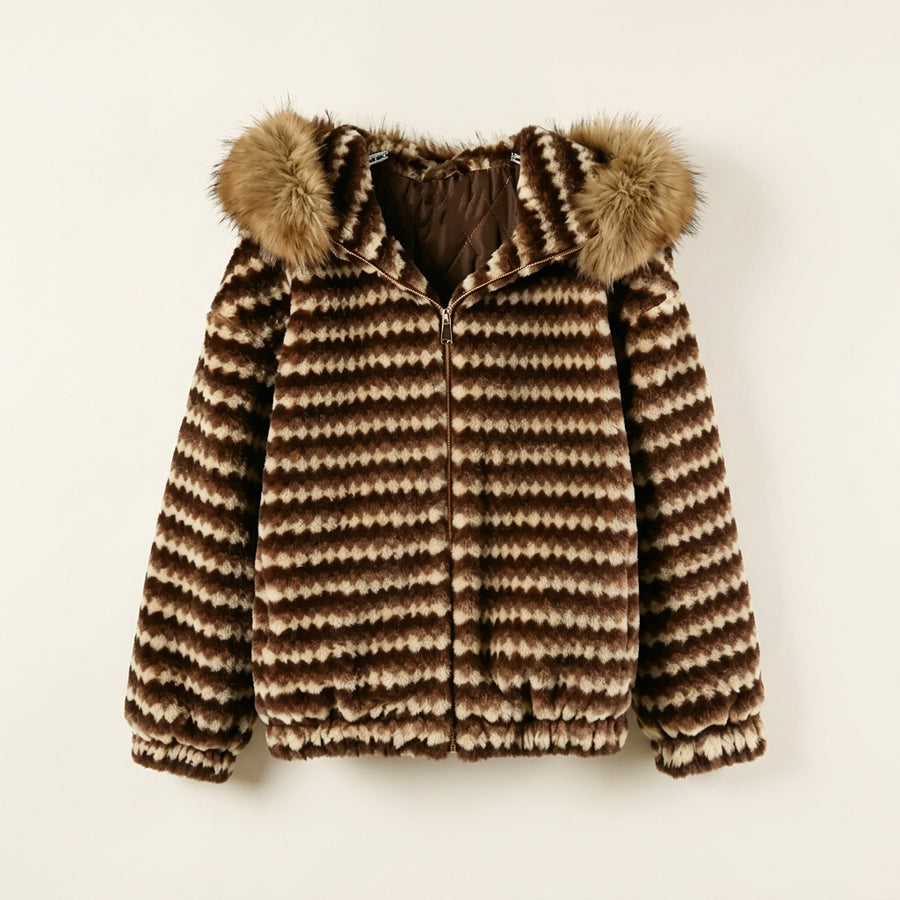 Damen Jacke mit Kapuze, gestreift, Fellimitat, Winterjacke warm