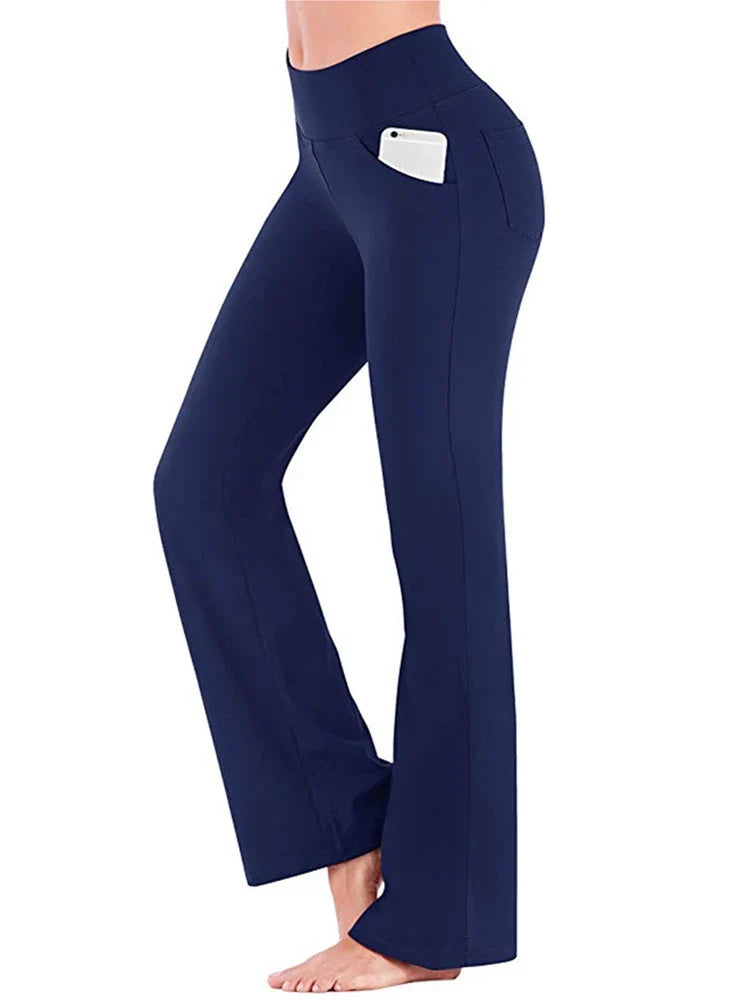 Damen Bootcut Yoga Hose mit hoher Taille und Seitentaschen - Gemütliche Freizeithose