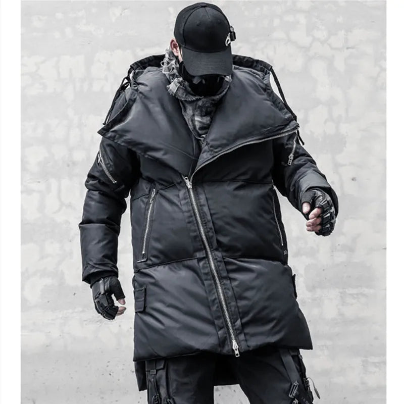 Schwarze Winterjacke für Herren mit Kapuze und asymmetrischem Reißverschluss, gepolstert