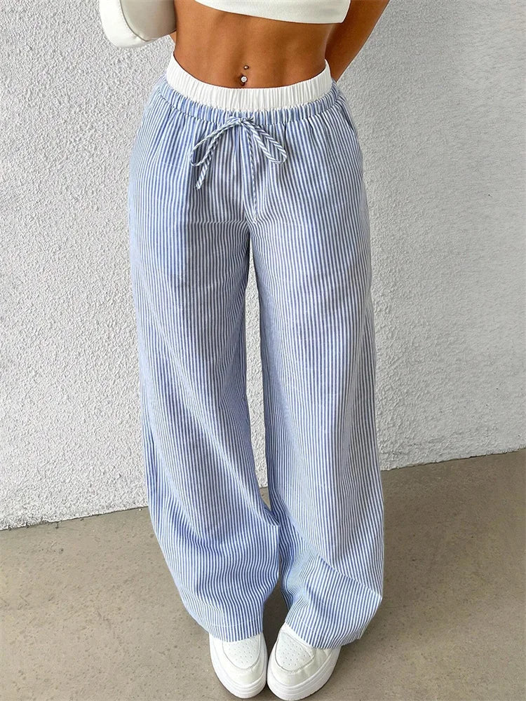 Dames gestreepte broek met wijde pijpen, elastische tailleband, trekkoord en geplooide look