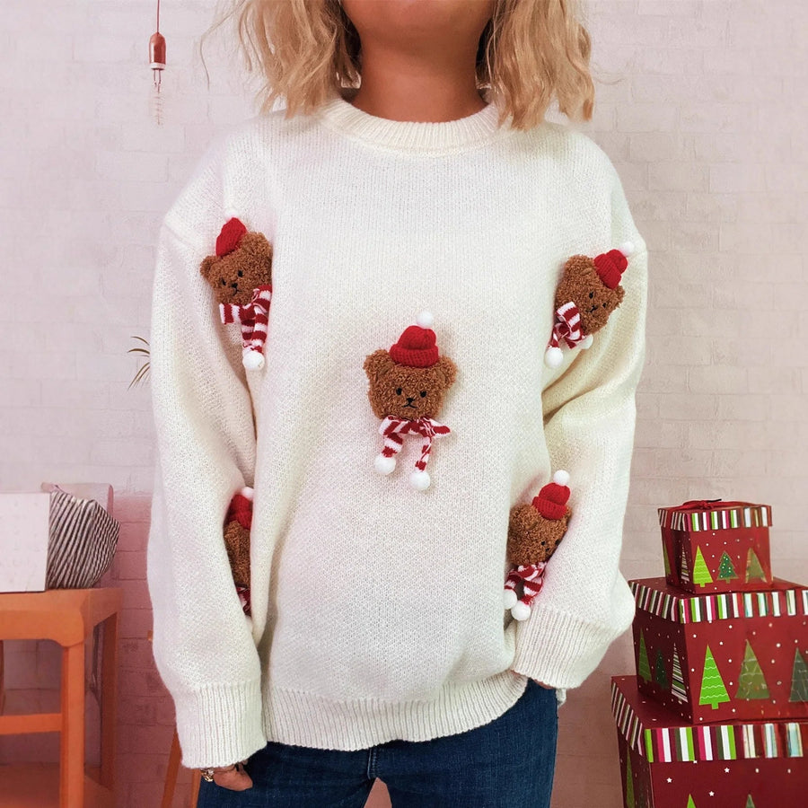 Kerstpullover met teddybeerapplicaties, lange mouwen en ronde hals