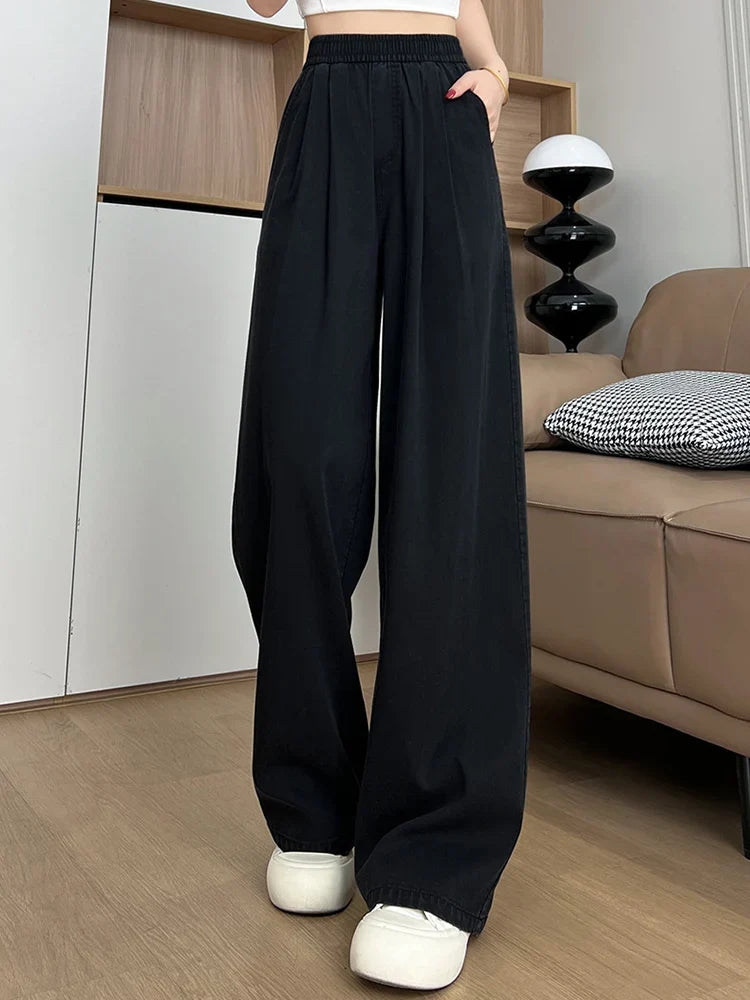 Damen Baggy Hose mit weitem Bein und elastischem Bund - Weit geschnittene Freizeithose in Jeans-Optik