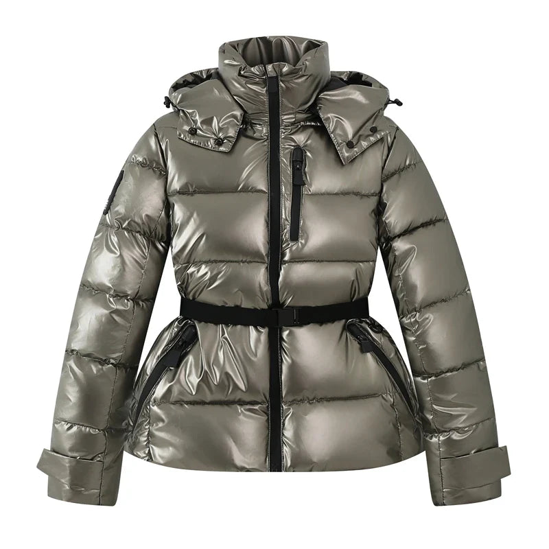 Damen Winter Pufferjacke Glänzend mit Gürtel und Kapuze