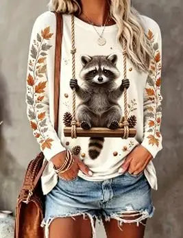 Damen Langarmshirt mit Katzenmotiv auf Schaukel und Herbstlaub