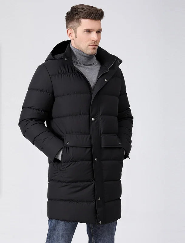 Herren Langer Winter Steppmantel mit Kapuze und Knöpfen – Warm & Winddicht
