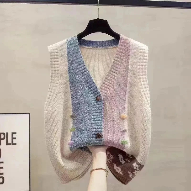 Gebreid damesvest met V-hals, mouwloos en color-block