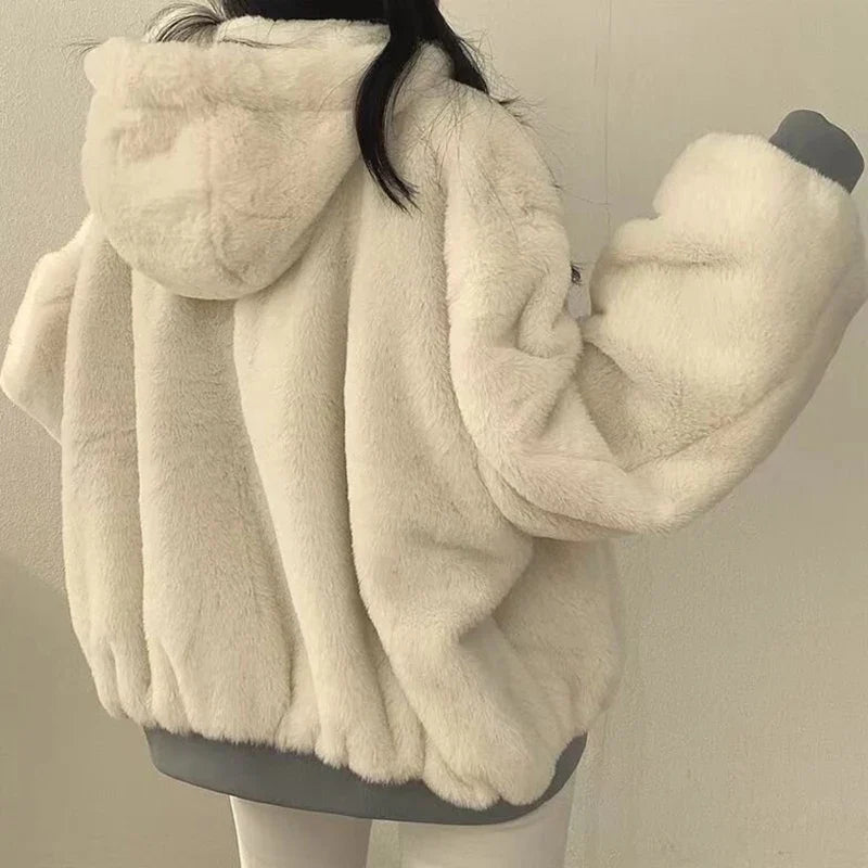 Damen Wendejacke mit Kapuze Teddyfutter Bomberjacke Warm