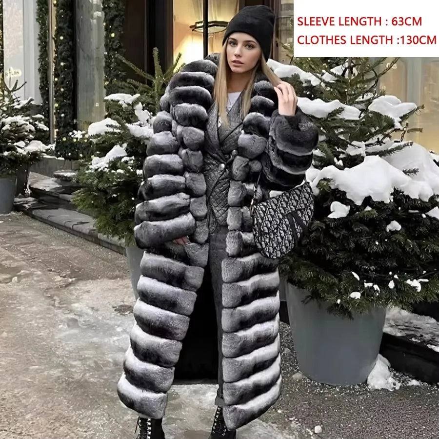 Damen Faux-Pelzmantel lang gestreift Grau Schwarz Weiß Winter Warm