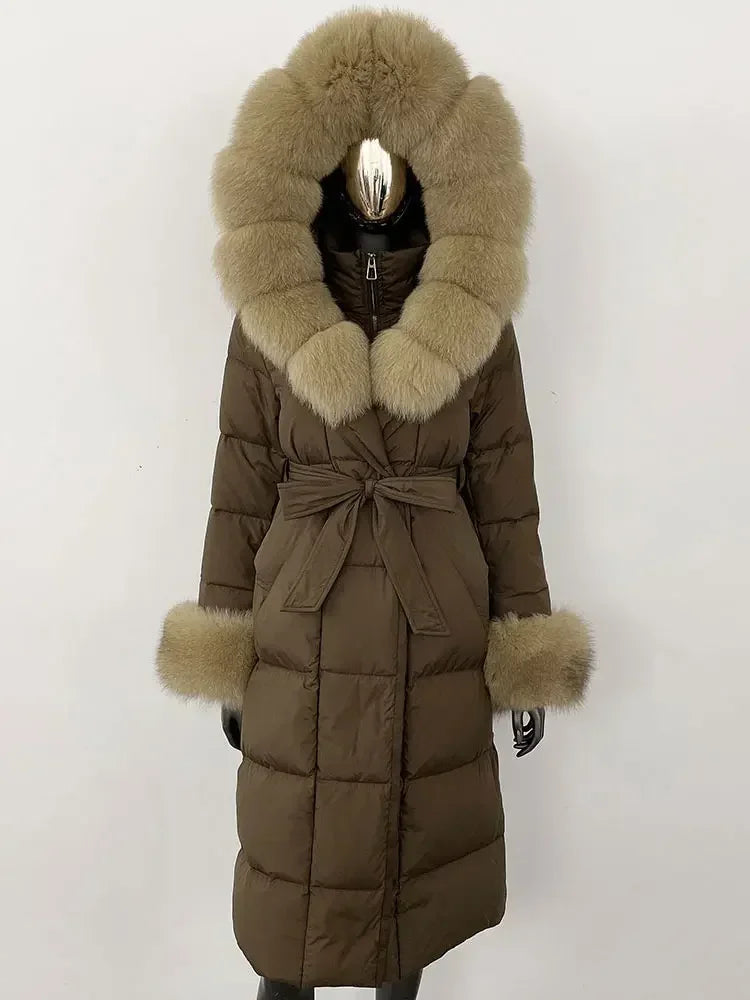 Damen Daunenmantel Lang mit Kapuze und Pelzbesatz Gürtel Steppjacke Warm