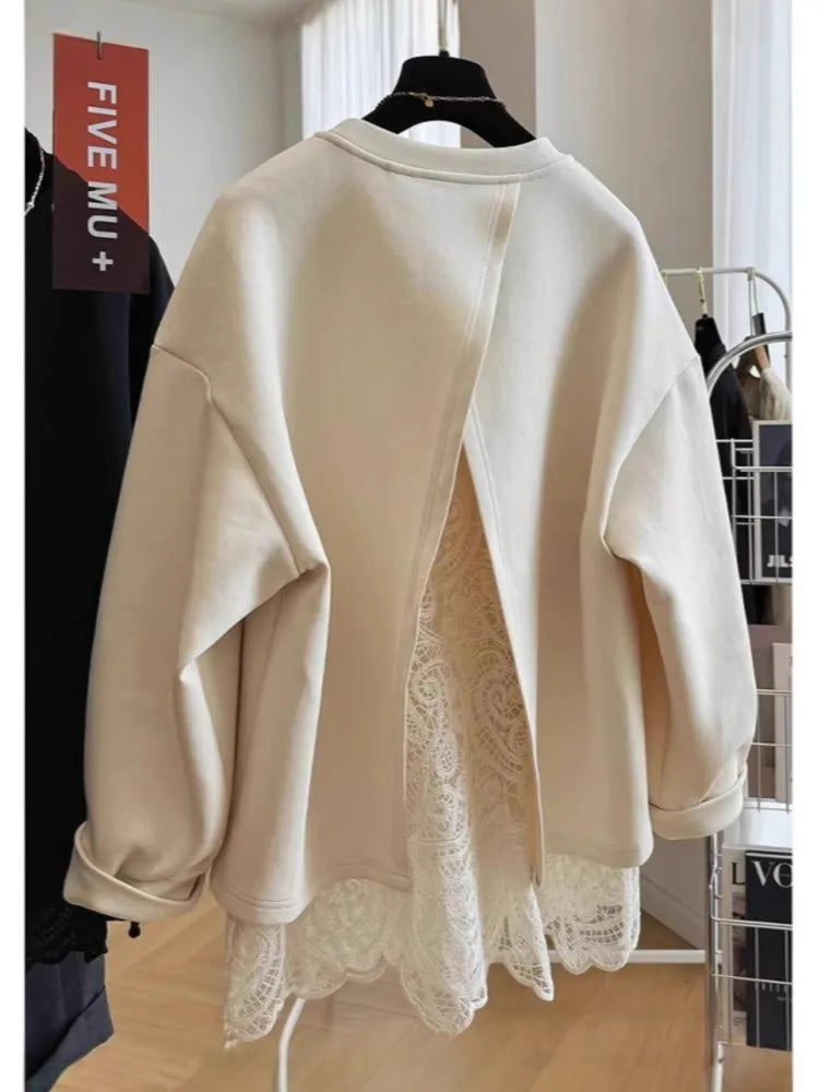Damen Sweatshirt mit Spitze am Rücken Offen Beige