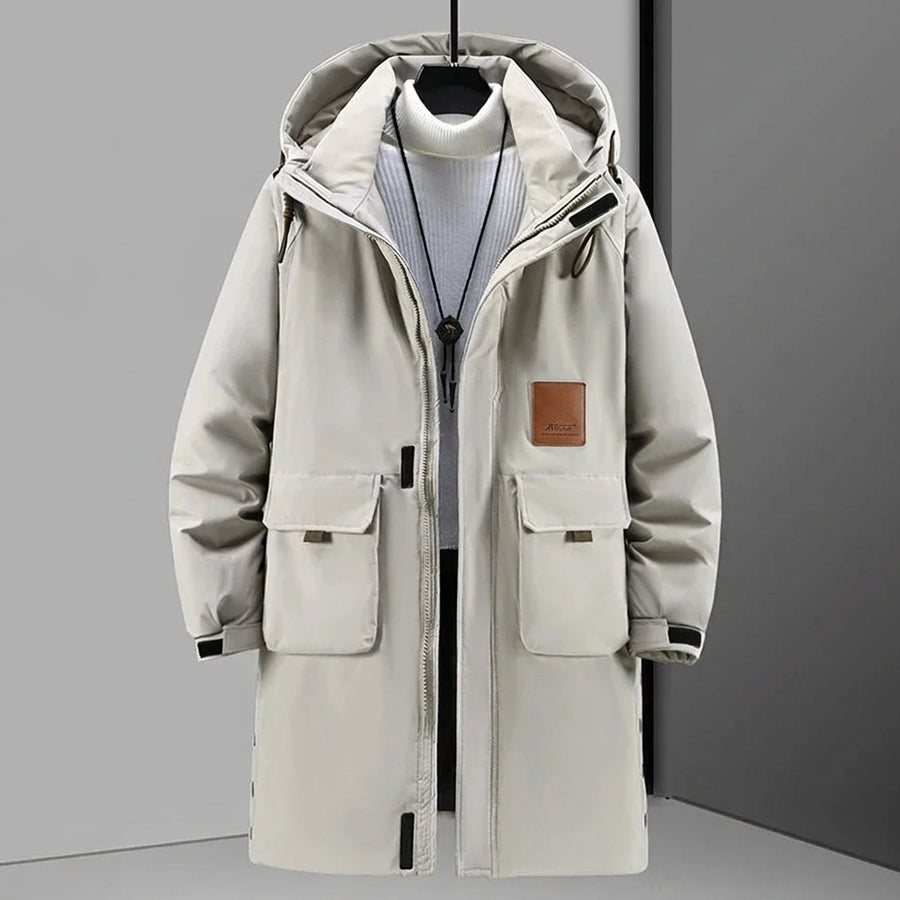 Lange gevoerde herenwinterparka met capuchon en zakken