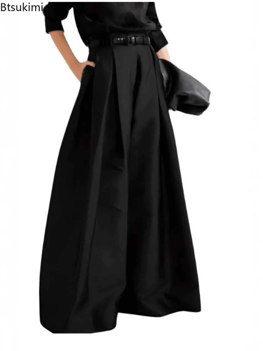 Damen Culotte Hose Weites Bein Hoher Bund Falten Uni Farbe