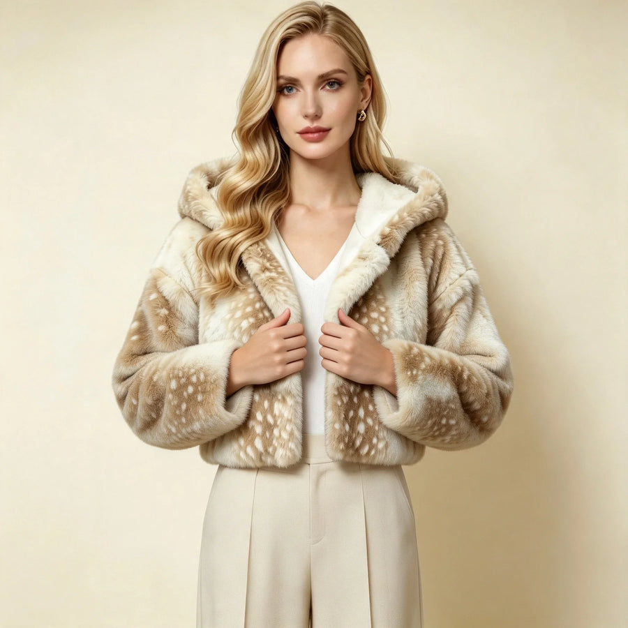 Kurze Damen Kunstfelljacke mit Kapuze, Hirschmuster, Beige