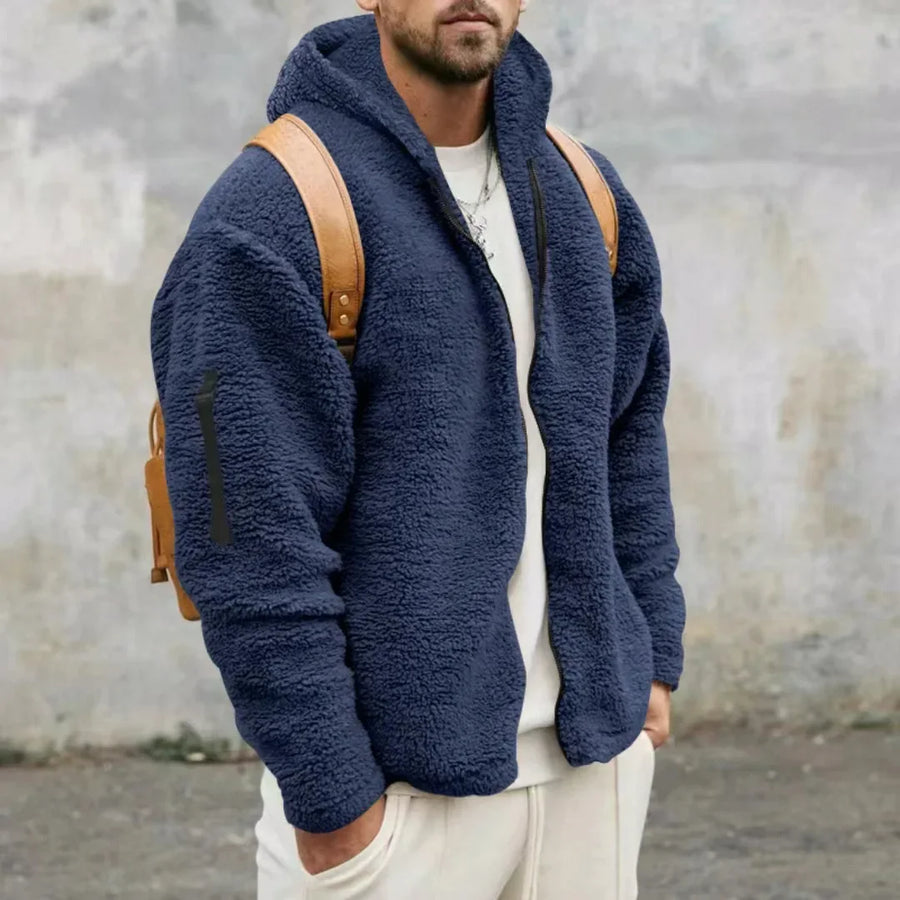 Teddy-Fleece Kapuzenjacke Herren mit Reißverschluss und Seitentaschen - Kuschelig Warm