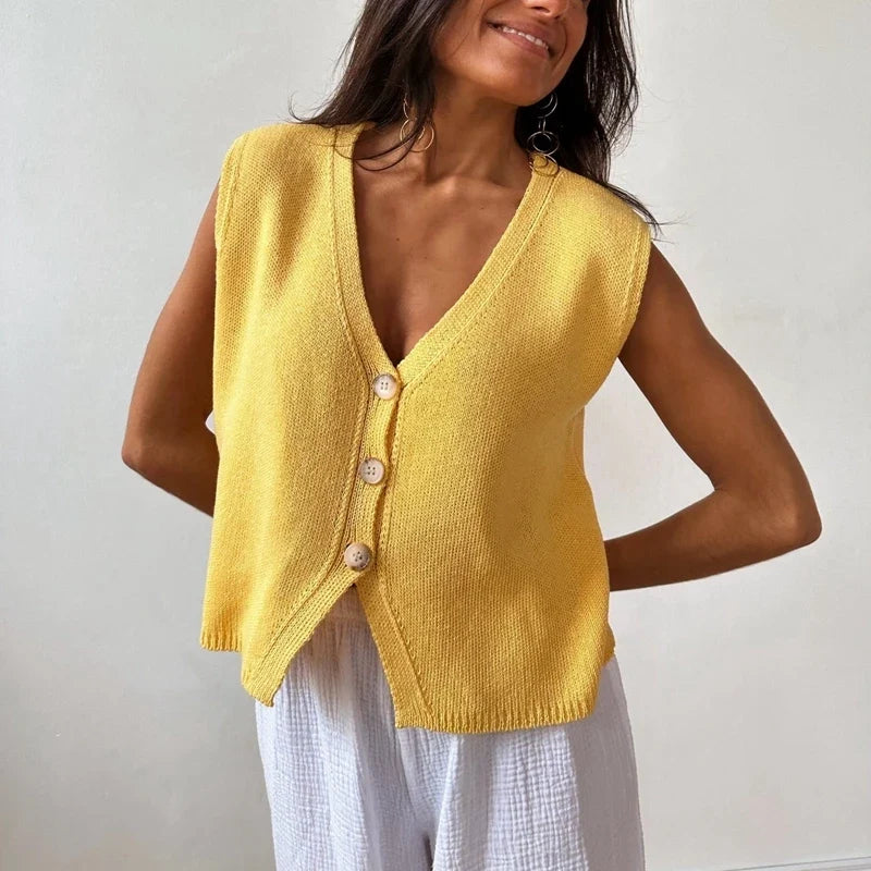 Damen Strickweste mit V-Ausschnitt und Knopfleiste