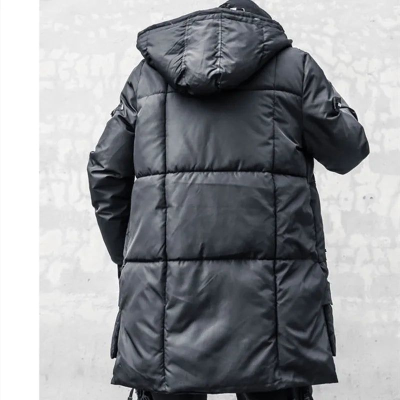 Schwarze Winterjacke für Herren mit Kapuze und asymmetrischem Reißverschluss, gepolstert