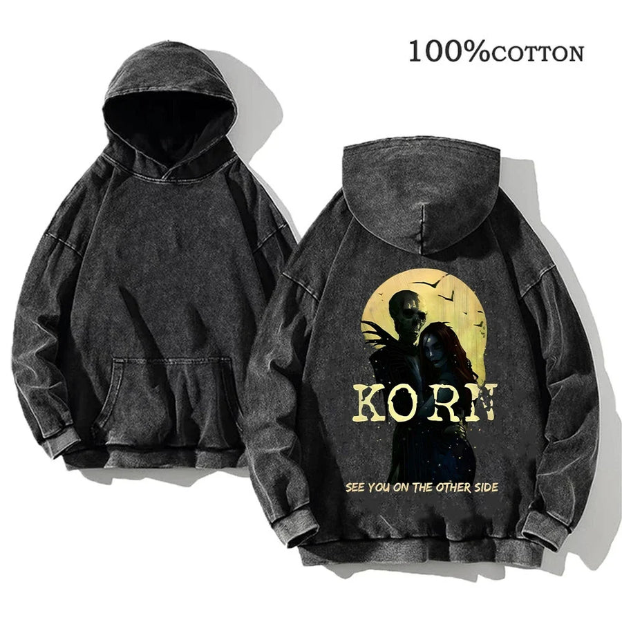 Korn Band Hoodie Unisex Washed Schwarz Kapuzenpullover Oversize