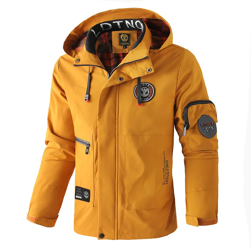 Herren Outdoor Jacke mit Kapuze & Reißverschluss, Winddichte Übergangsjacke mit Taschen