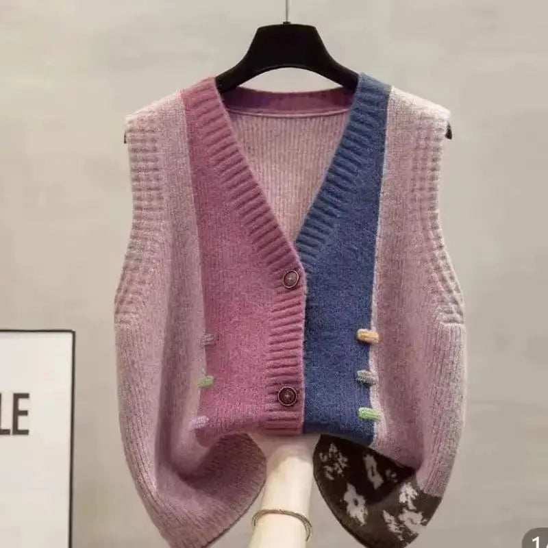 Gebreid damesvest met V-hals, mouwloos en color-block