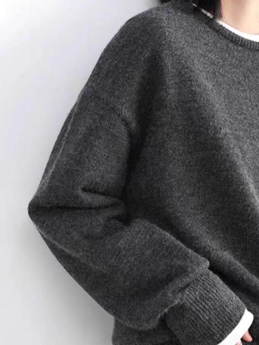 Grauer Damen Rundhals-Pullover mit langen Ärmeln
