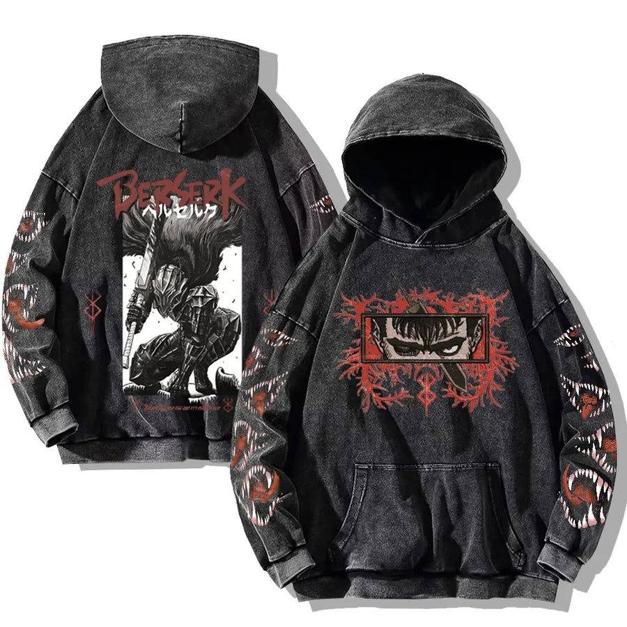 Vintage hoodie met capuchon en kangoeroezak – Berserk-print