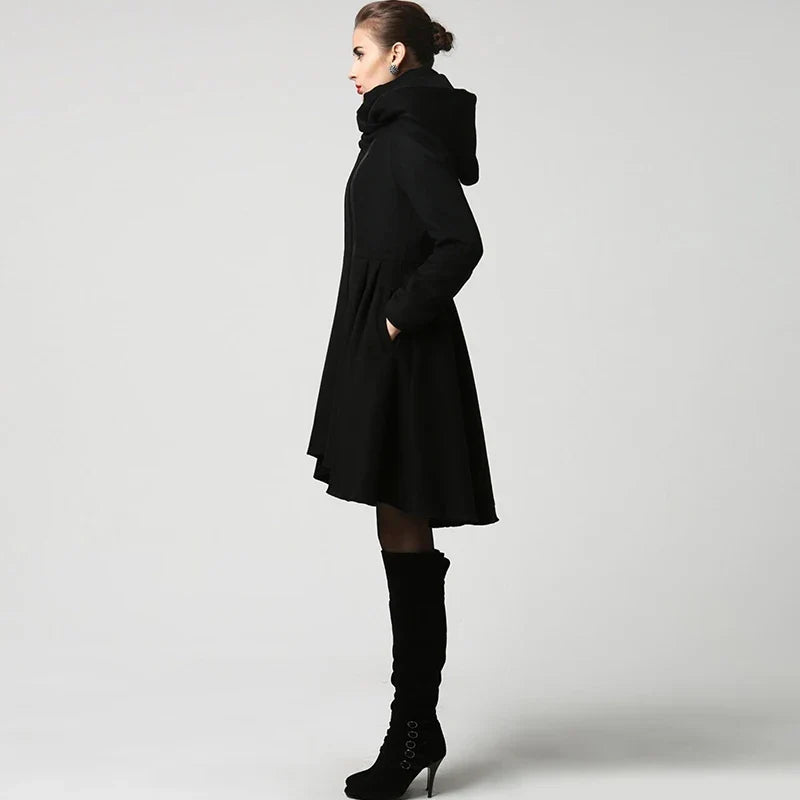 Damen Mantel Schwarz Glockenärmel Saum Asymmetrisch Stehkragen
