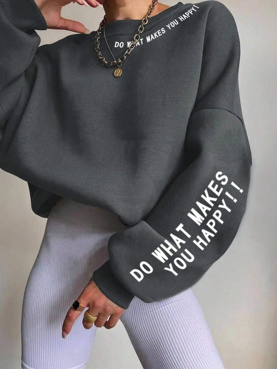 Damen Sweatshirt mit Spruch Print – Rundhals Langarm Oversized Pullover