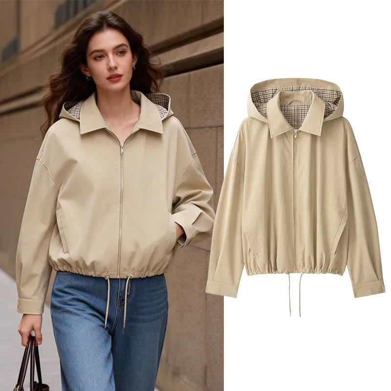 Damen Leichte Jacke Beige mit Kapuze Kariertes Futter Reißverschluss Tunnelzug Saum