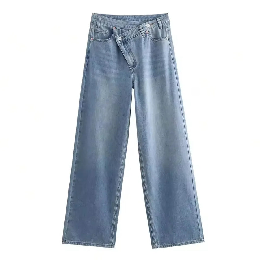 Damen Jeans weites Bein Überlappendes Taillendesign