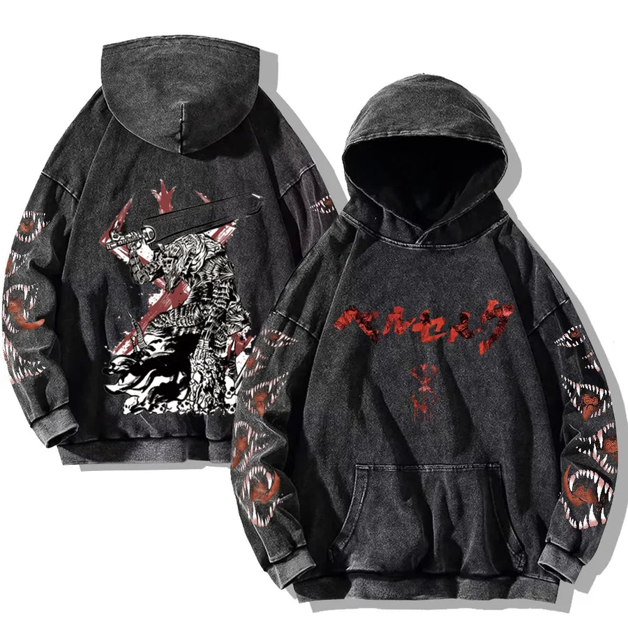 Vintage hoodie met capuchon en kangoeroezak – Berserk-print