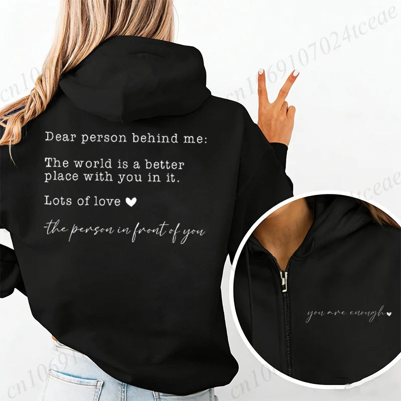 Dames-hoodie met "Dear person behind me"-opdruk, sweatshirt met capuchon