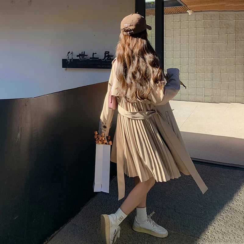 Damen Trenchcoat mit Faltenrock-Optik Gürtel Klassischer Kragen Beige