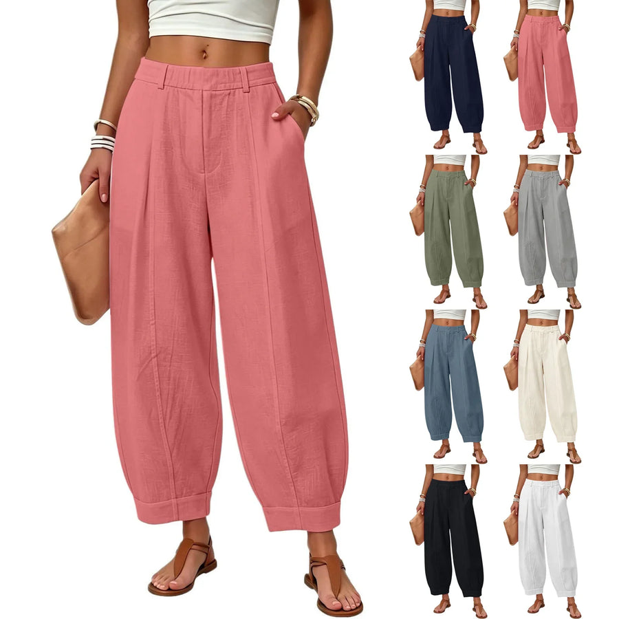 Dames linnen broek met wijde pijpen, hoge taille, elastisch, vrijetijdsbroek