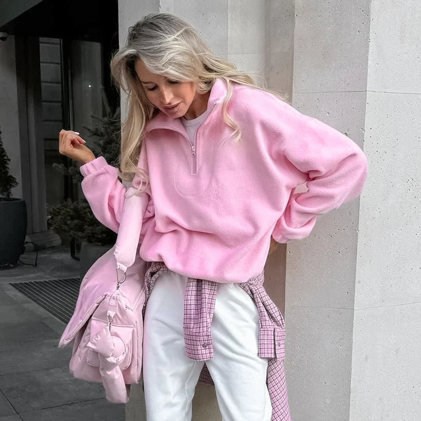 Roze fleece trui voor dames met opstaande kraag en ritssluiting