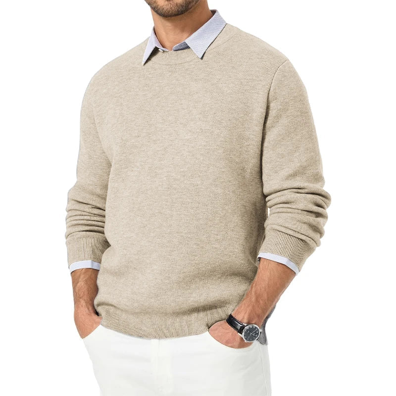 Heren trui met ronde hals – effen, lange mouwen, fijngebreide look