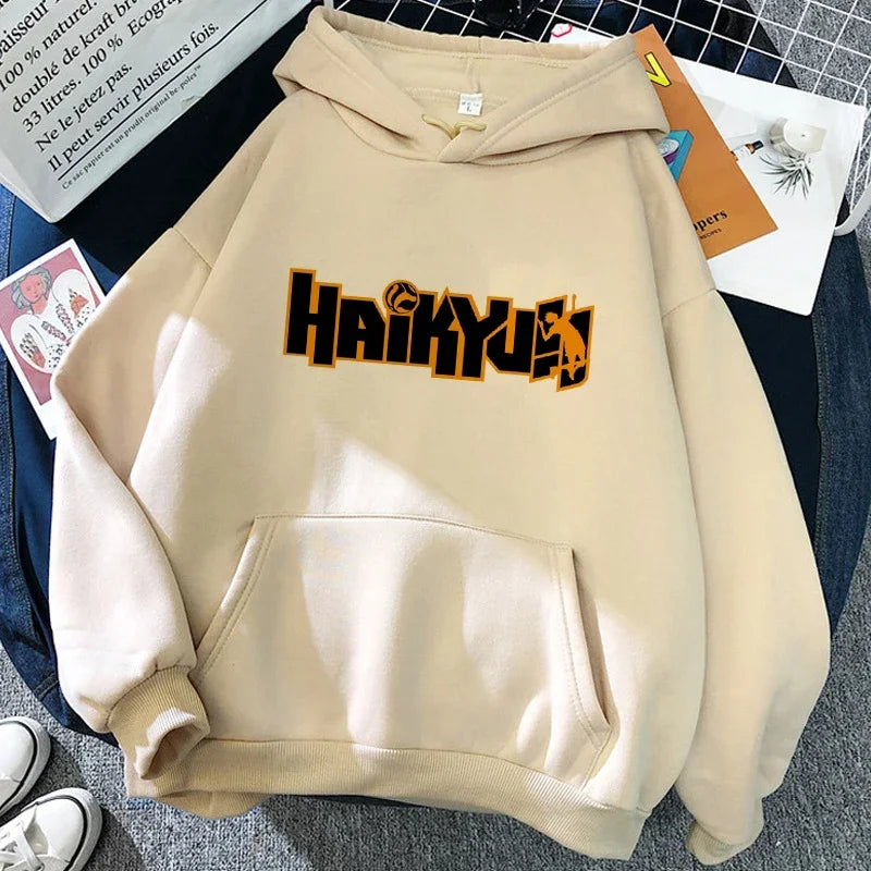 Hoodie met capuchon en anime-motief van de Karasuno Volleyball Club, beige