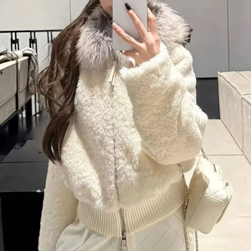 Damen Teddyfell Jacke mit Kunstfellkragen Reißverschluss