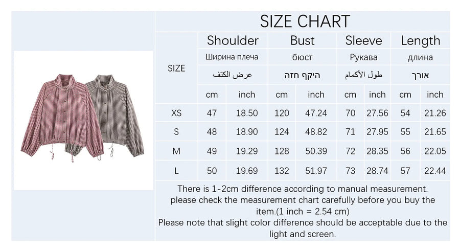 Damen Bluse Gingham Karomuster Stehkragen Langarm