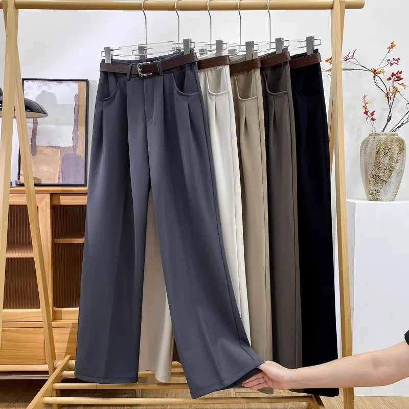 Damen Weite Hose mit Gürtel Bundfalten Elegante Freizeithose