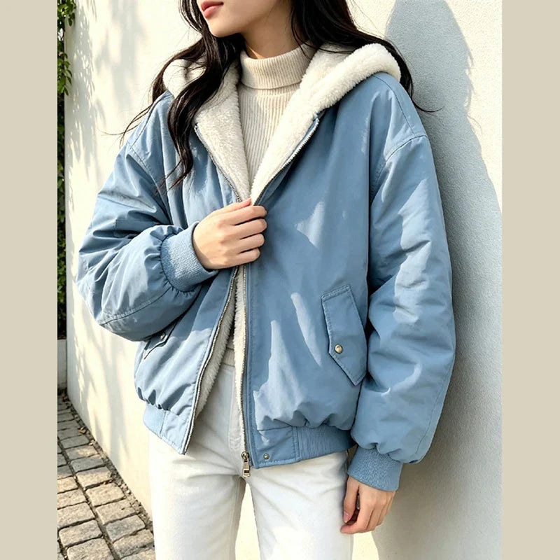 Damen Wendejacke mit Kapuze Teddyfutter Bomberjacke Warm